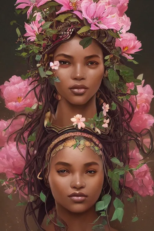 Image similar to ultra realistic illustration, beautiful swahili woman with flowers blossoming from helmet, elegant, highly detailed, digital painting, concept art, smooth, sharp focus, illustration, art by artgerm and greg rutkowski and alphonse mucha