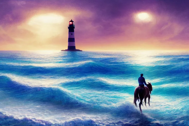 Image similar to photo of man riding a horse along the beach, glowing underwater waves toward a lighthouse in the distance guiding his way, silhouette, wide horizon, large white clouds, night, intricate, elegant, highly detailed, digital painting, artstation, concept art, smooth, sharp focus, illustration, art by artgerm and greg rutkowski and fra angelico