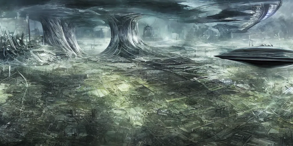 Prompt: future forest city attacked by spaceship, concept art, tornado, war,