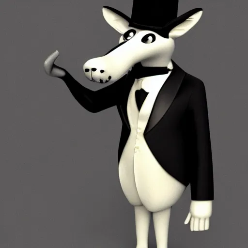 Image similar to 3 d render of a wolf as a gentleman wearing tuxedo in the pixar style, smooth render, unreal engine 5, wet reflections