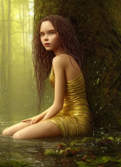 Image similar to young woman sitting : : wet hair and dress : : raining forest nature : : weta disney pixar movie still photo : : decadent highly - detailed digital painting, full length shot, golden ratio, octane render, artstation, smooth, sharp focus, artgerm, mucha, loish, wlop, gogo