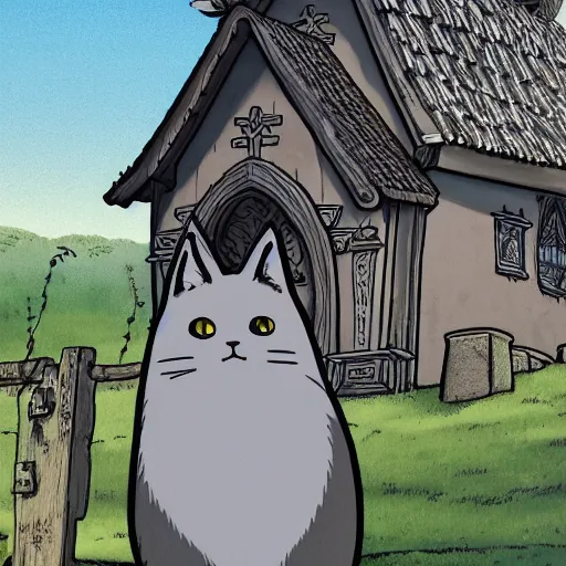 Image similar to illustration of a fluffy grey cat pointing it's paw at a priest in front of a white stave church by studio ghibli fantastic realism ultra - wide angle lens, early morning