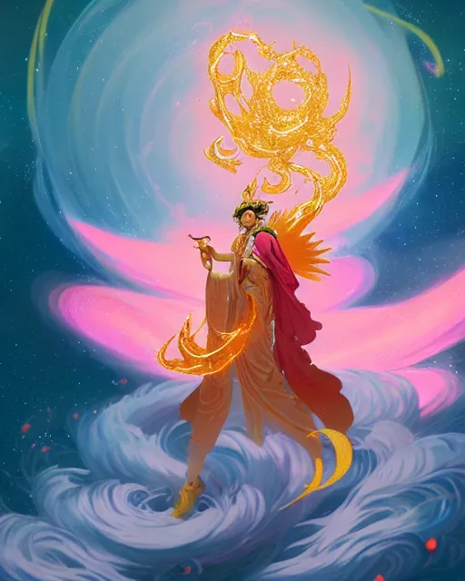 Image similar to a character portrait of only one male angel with golden fiery wings, surrounded with spiriling sparkling rose crystals and galaxies, by peter mohrbacher, hyper light drifter, ukiyo - e trending on artstation