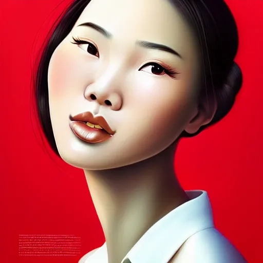 Image similar to beautiful portrait of an enthusiastic, dainty, slim, delighted vietnamese, ( waitress ) girl, stunning, intelligent, fashionable, vivid!!, sharp, crisp, ultra ambient occlusion, reflective, universal shadowing, fantasy art, extremely even lighting, art by wlop, vladimir kush!!, ilya, kevin hong!!, yasar vurdem