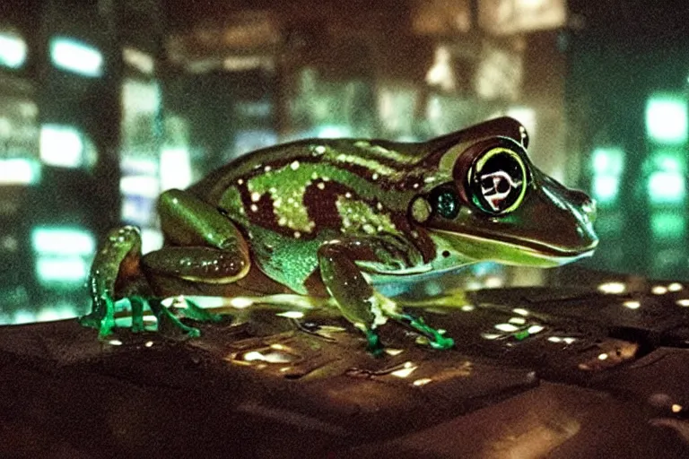 Image similar to cyborg - frog, surrounded by screens, in 2 0 5 5, y 2 k cybercore, industrial low - light photography, still from a ridley scott movie