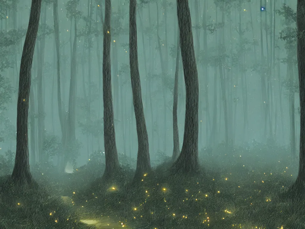 Prompt: Foggy thicket where fireflies fly. Detailed digital painting for a TTRPG.