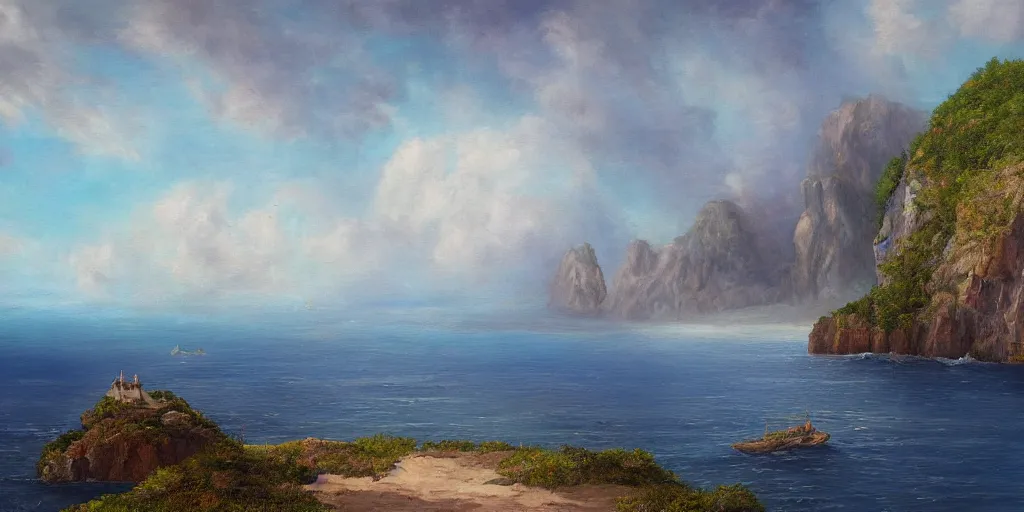 Image similar to fantasy painting of islands and cliffs overseeing a vast ocean