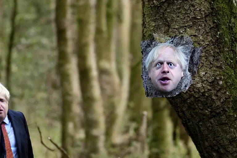 Prompt: derpy boris johnson staring at you from behind a tree in the forest, trailcam footage