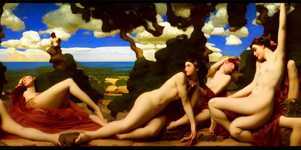 Image similar to an oasis in the middle of the desert, an art deco painting by Frederic Leighton and Daniel Maclise and Rolf Armstrong and Evelyn De Morgan and Bastien Lecouffe-Deharme, dutch golden age, dramatic lighting, high contrast colors, baroque, empyrean, panoramic view, cgsociety, highly detailed, doom engine,