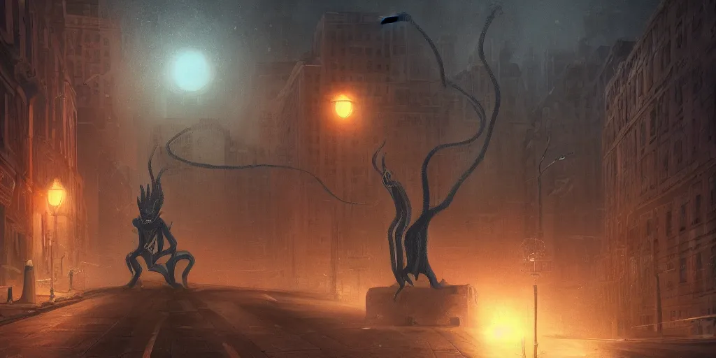 Image similar to nyarlathotep spotted in a road at night, digital art, detailed, realistic, artstation