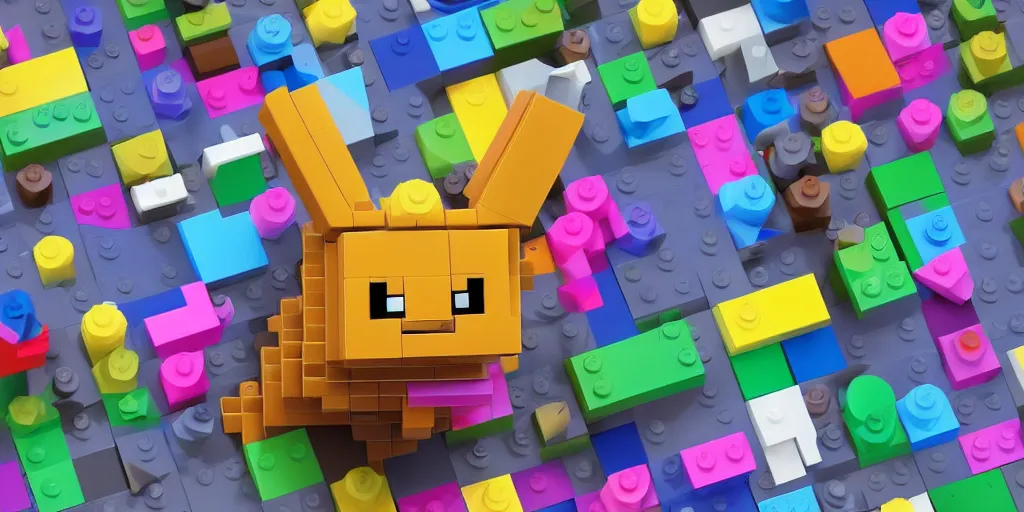 Image similar to tiny creature made of one brick, big round cute eyes, quadrupedal, cute looking, blocky shape, kawaii, sharp focus, character, game concept art, blocky, lego mixels, flat toon style like katamari damacy inspired, pokemon inspired, promotional poster art, high quality voxel render