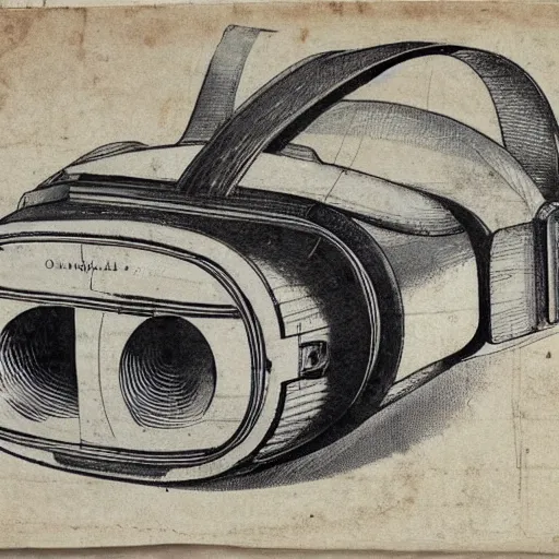 Image similar to Vintage, detailed, sketch of Oculus Rift, with full descriptions, on parchment, as depicted in Leonardo da Vinci's Codex Atlanticus