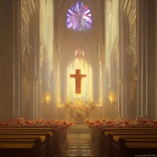 Prompt: a portrait of trump in flowers radiates holy light in the church,in the style of greg rutkowski,epic lighting,Postmodernism style,Masterpieces,oil on canvas