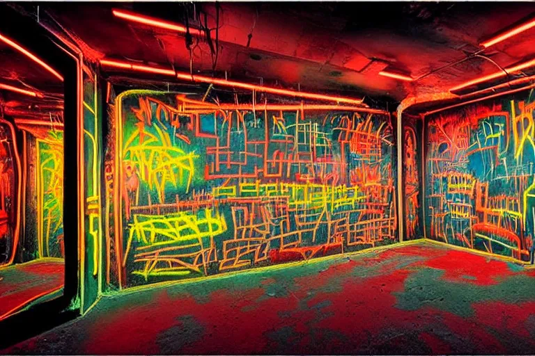 Prompt: the inside of a symmetrical hellish dungeon, mirrors and neon gas, matte painting, 4 k, epic composition, volumetric light, abstract illusionism, by william stout, jean - michel basquiat, pour paint, modern street art, grunge wall, industrial