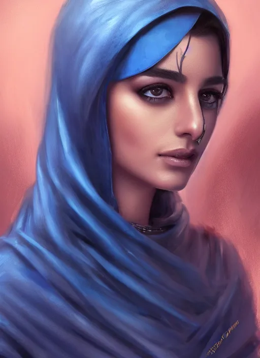 Image similar to Beautiful Arab Ameera Al taweel, blue eyes, leather, portrait, fantasy, medieval, oil colors, elegant, concept art, sharp focus, beautiful face, digital art, Hyper-realistic, 4K, Unreal Engine, Highly Detailed, HD, Dramatic Lighting by Brom, trending on Artstation