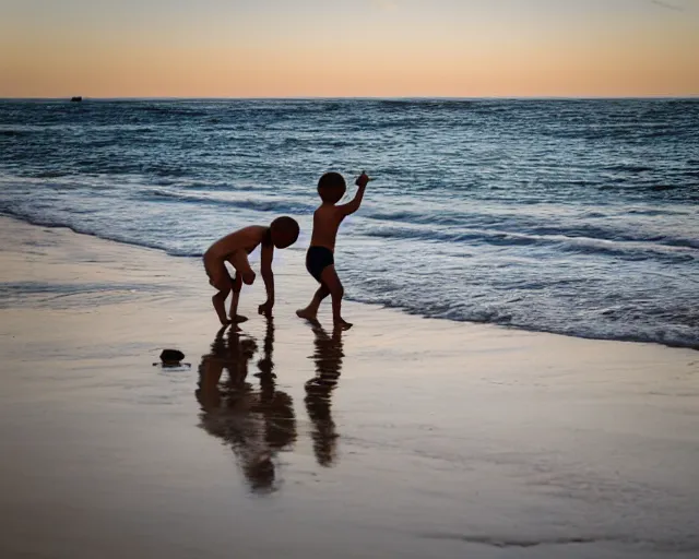 Prompt: children playing at the beach, action photography, cdx