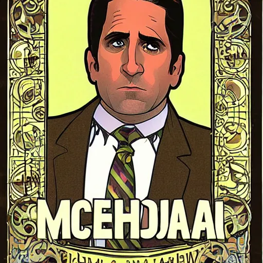 Prompt: a detailed animated portrait of Michael Scott from The office, wearing pijamas, by Alphonse Mucha