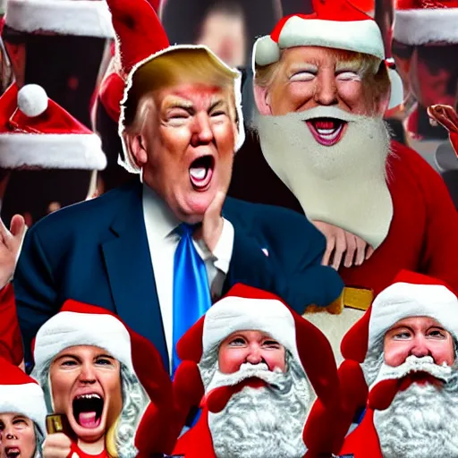 Image similar to trump as a drunk and disheveled mall santa claus screaming incoherent political lies at children, paparazzi photo, highly detailed, high definition, ultra realistic