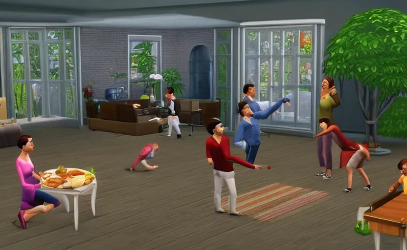 Image similar to little ai copies of a families playing out the motions of a dinner, the sims 1 graphics