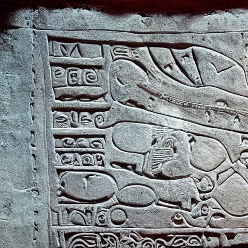 Image similar to ancient toltec petroglyphs bound to the second attention by dreams and empowered by inorganic beings reveal secrets of human perception