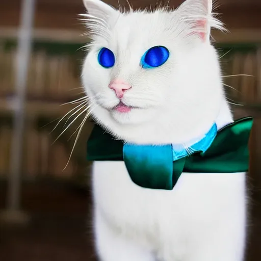 Image similar to fluffy white cate with green and blue eyes wearing a suit and tie