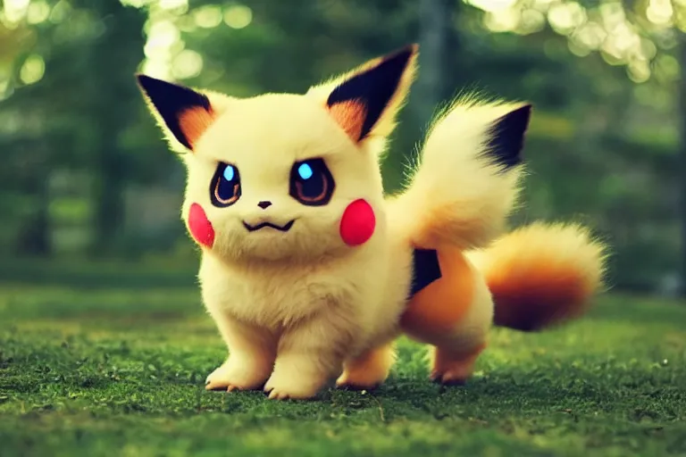 Image similar to real life pokemon, cute!!!, content!!!, mischievous!!!, adorable!!!, fluffy!!!, ultra realistic!!!, golden hour, sharp focus, tiny amount of chromatic aberration