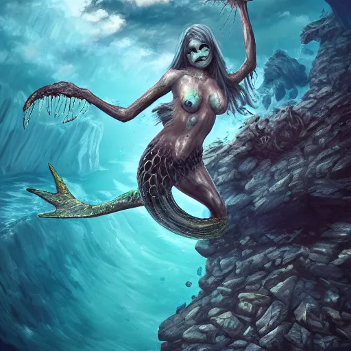 Image similar to undead mermaid crawling on top of a rock in the ocean, trending on artstation, ultra fine detailed, hyper detailed, hd, concept art, digital painting