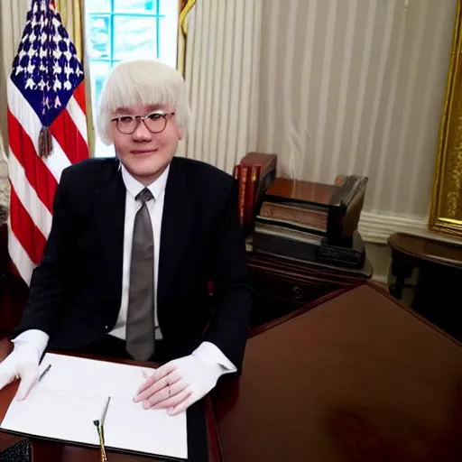 Prompt: griffith from berserk by kentaro miura sitting at white house desk with american flag at his side, photo by getty images