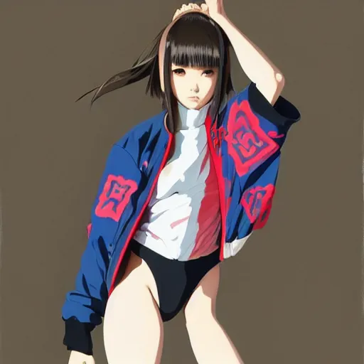 Image similar to a beautiful japanese natalie portman gravure model, wearing oversized native designer bomber jacket and leotard with overalls, bulky poofy bomber jacket with mesoamerican patterns, mesoamerican native street fashion, gapmoe yandere grimdark, trending on pixiv fanbox, painted by greg rutkowski makoto shinkai takashi takeuchi studio ghibli, akihiko yoshida