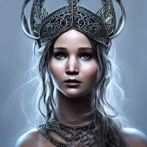 Prompt: an attractive young female with metal rings!!!! on her nose wearing an bone crown, jennifer lawrence, olive skin, long dark hair, beautiful bone structure, intricate, elegant, highly detailed, digital painting, artstation, concept art, smooth, sharp focus, illustration, art by artgerm and greg rutkowski and alphonse mucha