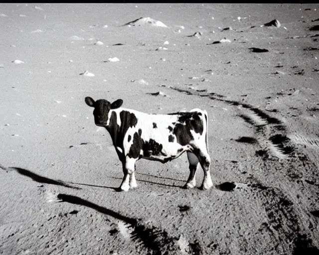 Image similar to a vintage photo of a cow on the moon, earth in distance