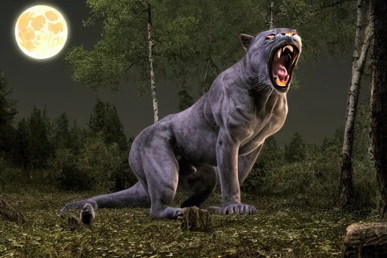 Prompt: a panther roaring in a forest during the night, large moon in the center. high quality render. illustration. 4 k. render. photoreal. highly detailed. artstation. realistic. dramatic. darkness. moon.