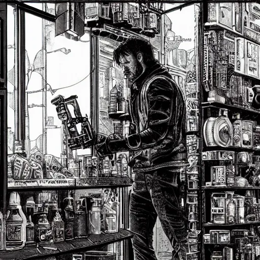 Image similar to cyberpunk merchant in their shop, Industrial Scifi, detailed illustration, Chiaroscuro, concept art, blade runner 2049, by Martin Grip and Moebius