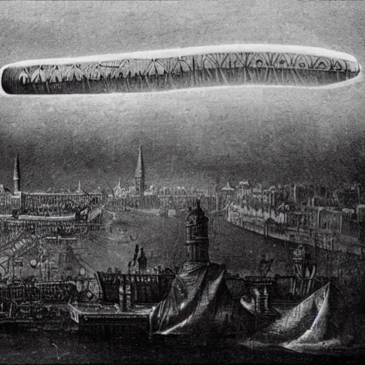 Prompt: a photograph of a steampunk dirigible floating above london in the 1 8 6 0