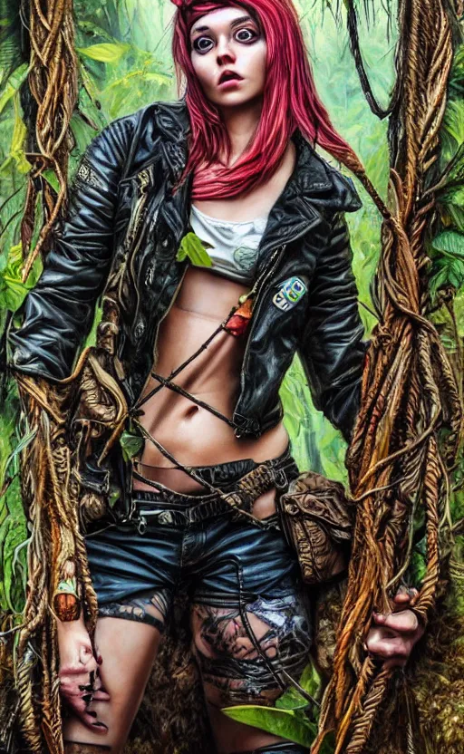 Image similar to cute punk rock girl making selfie in jungles, mad max jacket, renaissance, cables on her body, hyper realistic style, oil painting, highly detailed, fantasy by Olga Fedorova