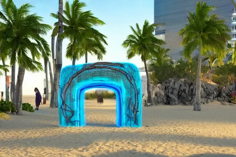 Image similar to a magical glowing portal in the middle of a city that leads to a beach, through the portal you can see a beach, realistic