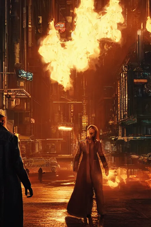 Prompt: in the foreground a street of Saint Petersburg, in the background a blonde woman from behind with flames coming out of her hands wearing a long jacket like a matrix, realistic, high definition, many details, dramatic scene, detailed and realistic hands, face symmetrical, realistic eyes, cyberpunk art 2077