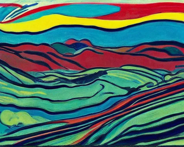 Prompt: A wild, insane, modernist landscape painting. Wild energy patterns rippling in all directions. Curves, organic, zig-zags. Saturated color. Mountains. Clouds. Rushing water. Wayne Thiebaud. Edvard Munch landscape.
