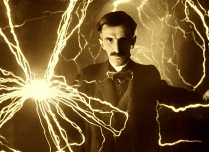 Prompt: Nikola Tesla In an Electric room shocked to the eyes commanding electric current with his hands, award winning Hollywood movie