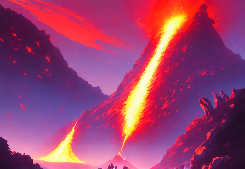 Image similar to erupting volcano on a alien planet, anime, official fanart behance hd artstation by jesper ejsing and makoto shinkai, 4 k,