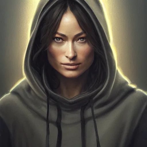 Image similar to full figure ultra realistic illustration, olivia wilde with light brown hair wearing a black hoodie, intricate, elegant, highly detailed, digital painting, artstation, concept art, smooth, sharp focus, illustration, art by artgerm and greg rutkowski and alphonse mucha