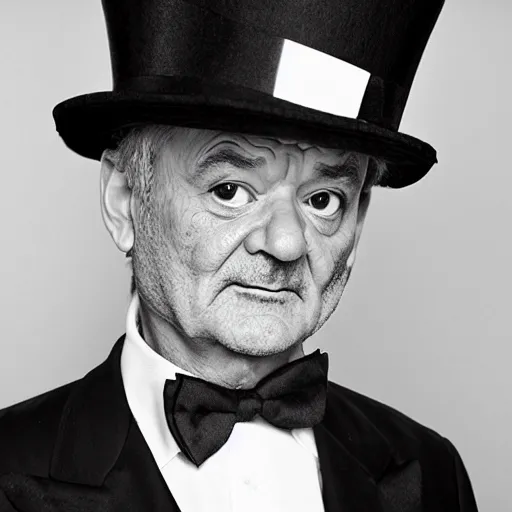 Prompt: black and white mugshot, bill murray, he is wearing a top hat, tiny hat, wearing bandit mask, bow tie bandit, mexico noir