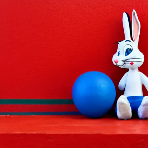 Prompt: photo of a bugs bunny toy sitting infront of a red wall with blue stripes