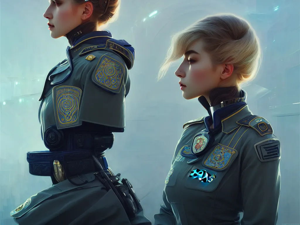 Image similar to portrait futuristic ukraine police uniform girl, at future neon light rooftop, ssci - fi and fantasy, intricate and very very beautiful and elegant, highly detailed, digital painting, artstation, concept art, smooth and sharp focus, illustration, art by tan zi and ayanamikodon and alphonse mucha and wlop