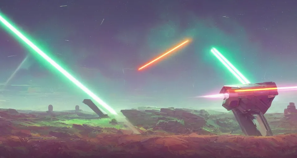 Image similar to Low orbital laser cannon shooting a neon beam down on the landscape, neon laser cannon, cinematic, rendered by simon stålenhag, rendered by Beeple, Makoto Shinkai, syd meade, star wars, inspired by Gundam, environment concept, digital art, unreal engine, 3 point perspective, WLOP, trending on artstation, low level, 4K UHD image, octane render,