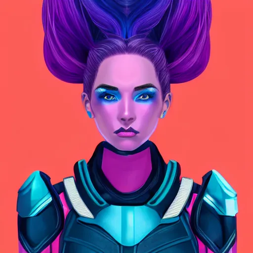 Image similar to a stunning upper body portrait of a beautiful young woman wearing futuristic navy blue and teal battle bodyarmor and pauldrons and ombre purple and pink hairstyle with hair blowing in the wind, by marvel comics, neon, highly detailed, fine detail, intricate, digital art, trending on artstation