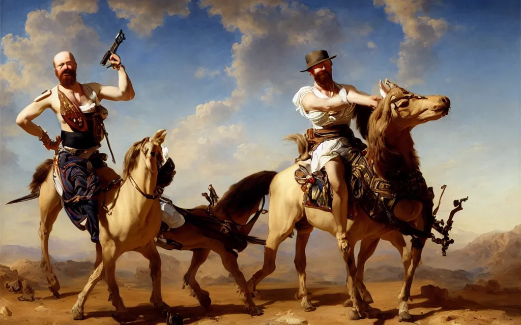 Prompt: a beautiful full body portrait of heisenberg standing up in underpants with a gun on his hand in the middle of the desert alone, with a chariot in the background, art by franz xaver winterhalter, highly detailed, elegant, jewlery, romanticism, rococo, neoclassicism, 1 8 5 0 s style painting, oil on canvas, vivid