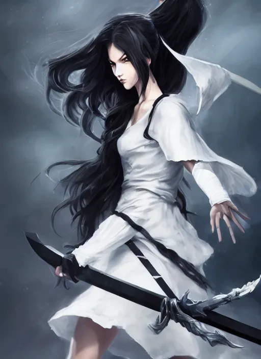 Image similar to a highly detailed illustration of fierce messy ponytail black haired one armed!!! delinquent woman wearing long white tokkoufuku cape, dramatic wielding sword pose, muscular, intricate, elegant, highly detailed, centered, digital painting, artstation, concept art, smooth, sharp focus, league of legends concept art, wlop.