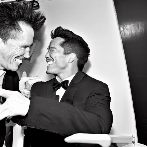 Image similar to old black and white photograph of arnold schwarzenegger meeting markiplier, both laughing, photorealistic