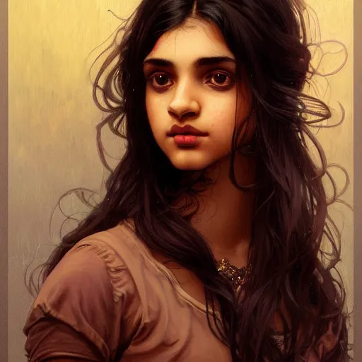 Image similar to portrait of a british teenage girl with wavy black hair, desi girl with dark brown skin, glowing skin, fantasy, intricate, elegant, dress shirt, school uniform, highly detailed, digital painting, artstation, concept art, smooth, sharp focus, illustration, art by Krenz Cushart and Artem Demura and alphonse mucha